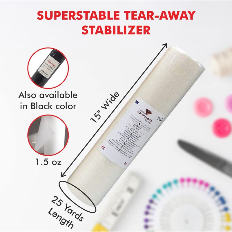 Superpunch 1.5 oz White Tear Away Stabilizer for Embroidery - 15 inch x 25 Yard Roll, SuperStable Tear Away Machine Embroidery Stabilizer Backing, Polyester & Cellulose - Made in The USA - Image 2